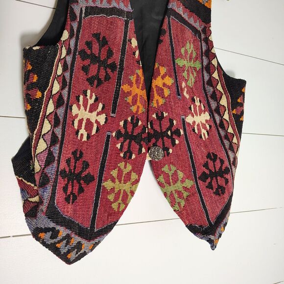 Vtg Kilim Wool Tapestry Vest Southwestern Tribal Boho Folk Waistcoat M L - Picture 2 of 6